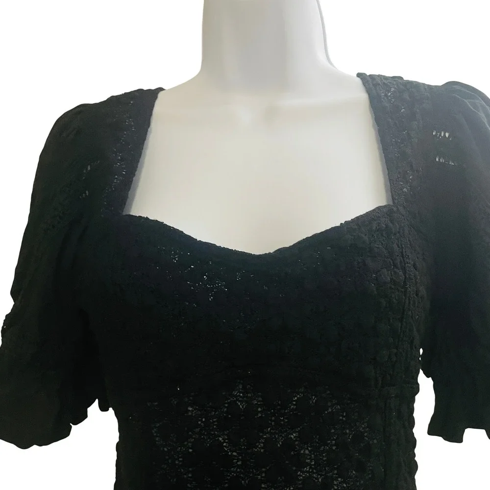 Free People Womens Y2K Whimsigoth Romantic Lace Eyelet Top S Black Boho Witchy